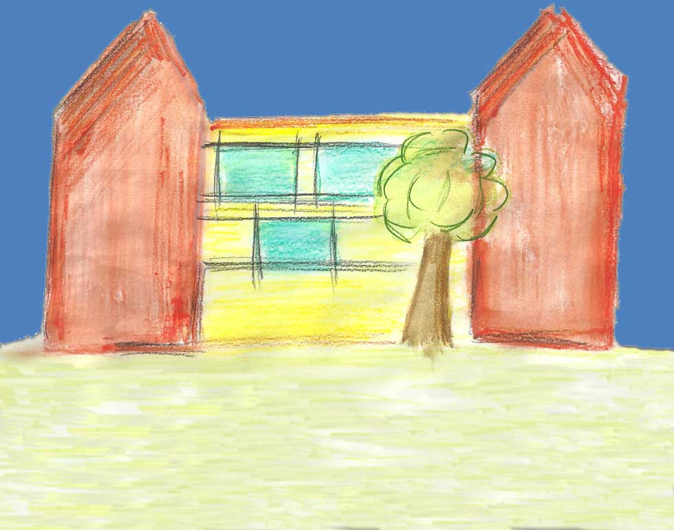 Gemalte Illustration des Mannabergschule-Schulgebäudes